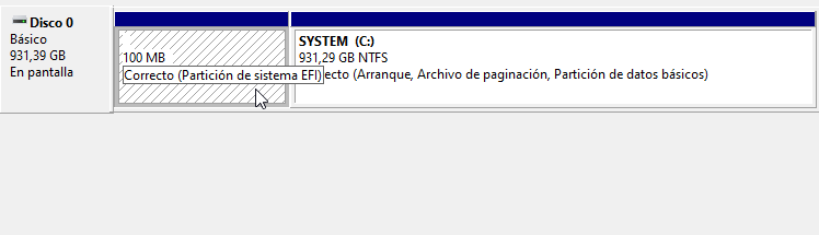Administrador de discos mostrando las particiones del sistema