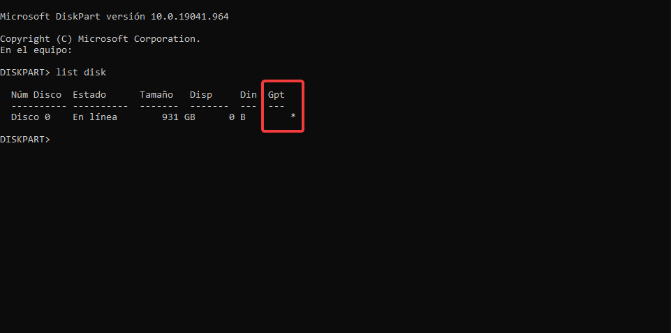 Salida de list disk en diskpart