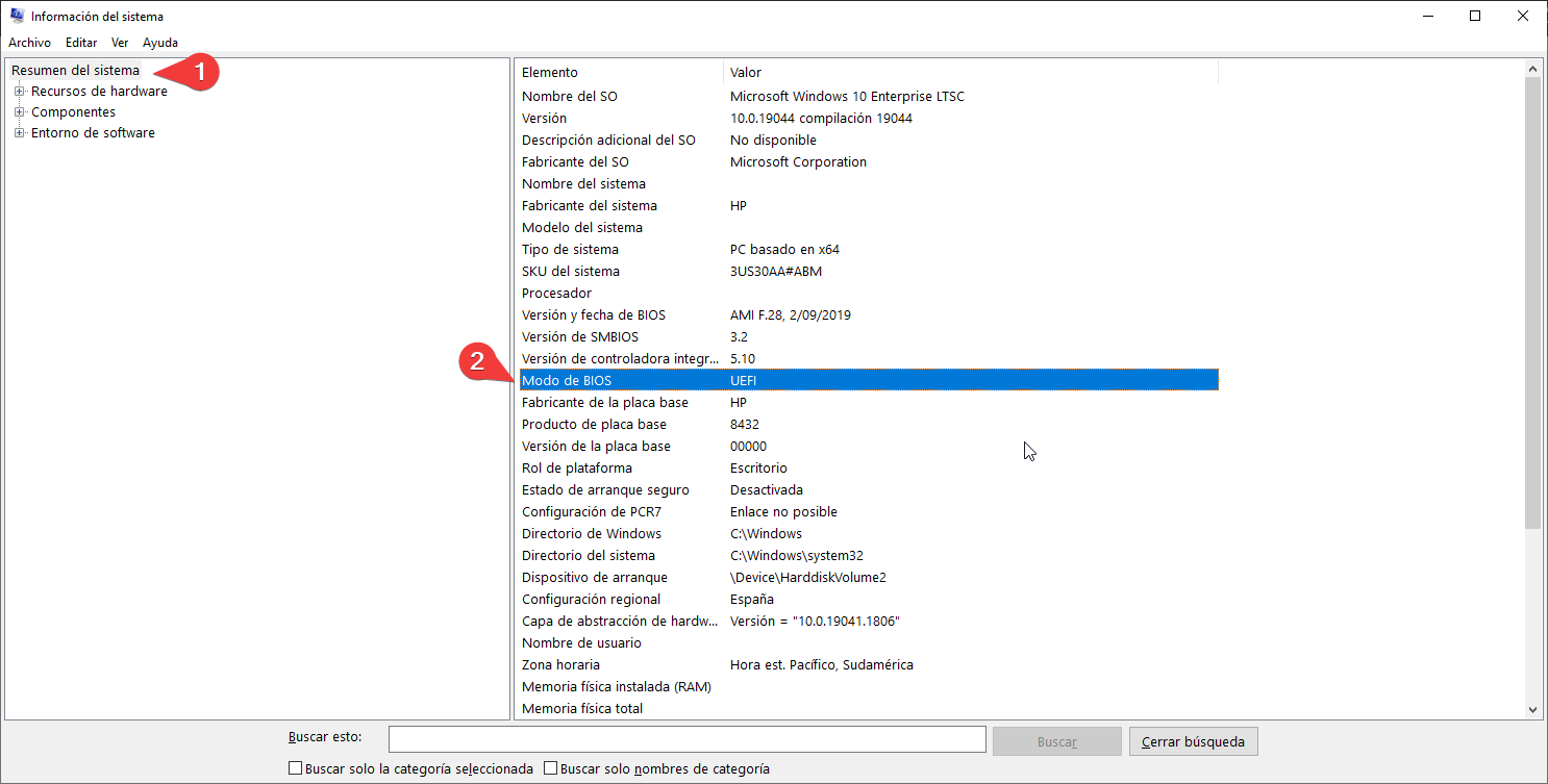 msinfo32 mostrando el campo Modo de BIOS
