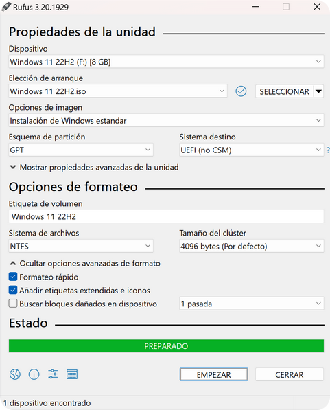 Rufus · configuración lista para escribir