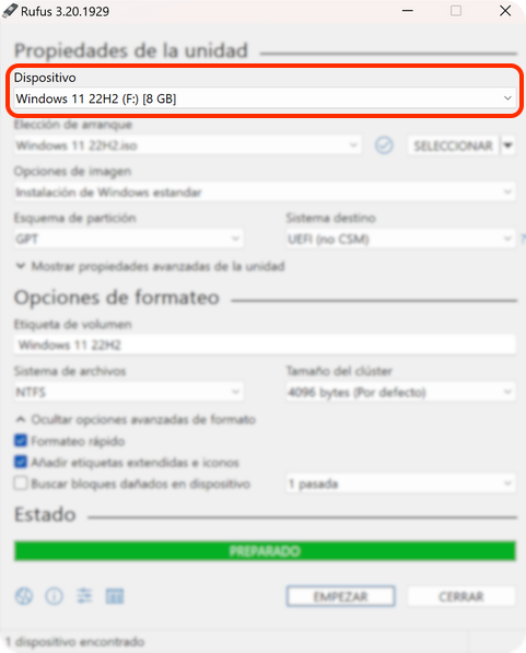 Rufus · selección de la memoria USB