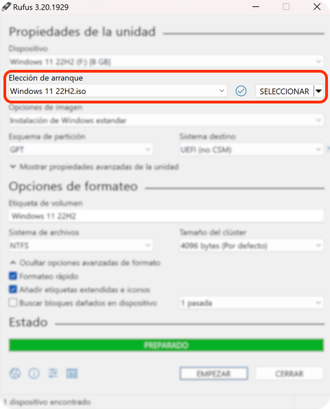 Rufus · selección del archivo ISO