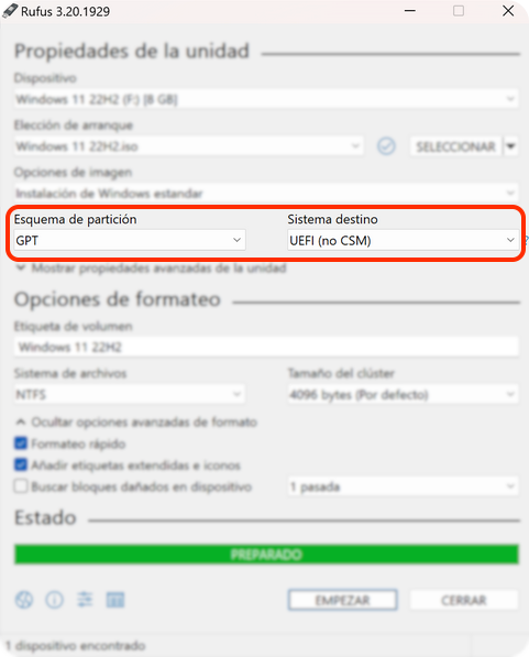 Rufus · esquema de partición